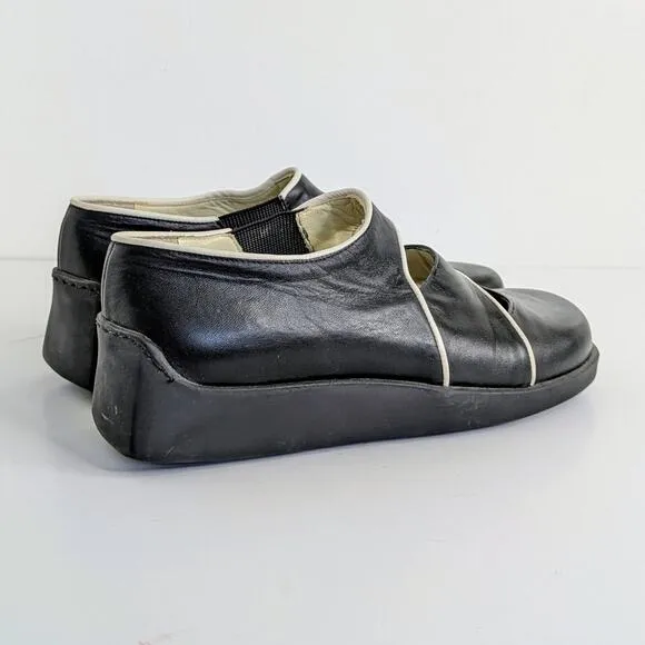 Giraudon Shoes EU 38 Black White Trim Leather Slip On Round Toe Low Heel
