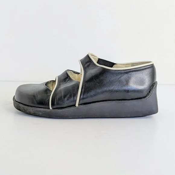 Giraudon Shoes EU 38 Black White Trim Leather Slip On Round Toe Low Heel