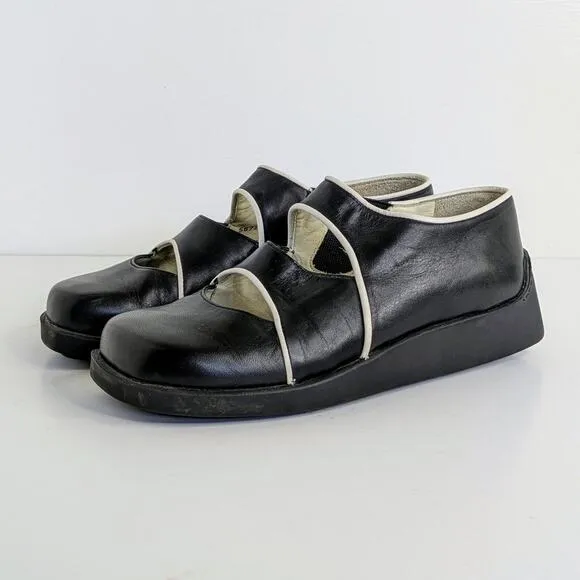 Giraudon Shoes EU 38 Black White Trim Leather Slip On Round Toe Low Heel