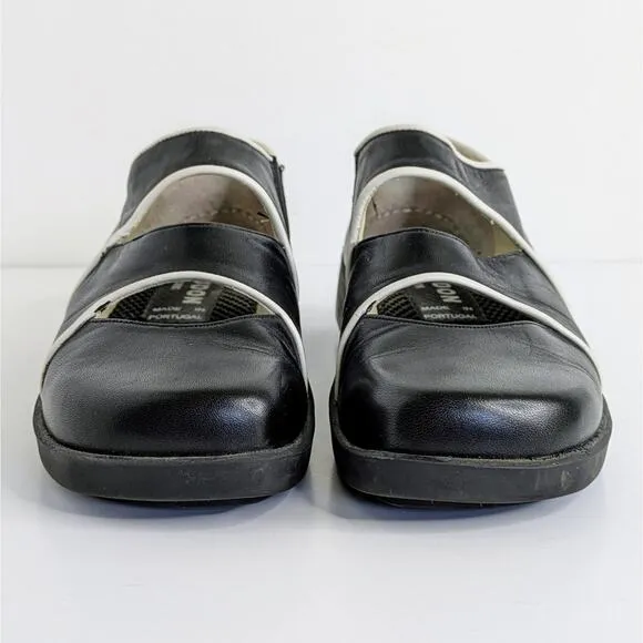 Giraudon Shoes EU 38 Black White Trim Leather Slip On Round Toe Low Heel