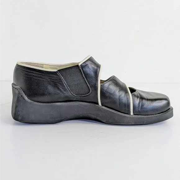 Giraudon Shoes EU 38 Black White Trim Leather Slip On Round Toe Low Heel