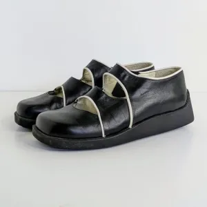 Giraudon Shoes EU 38 Black White Trim Leather Slip On Round Toe Low Heel