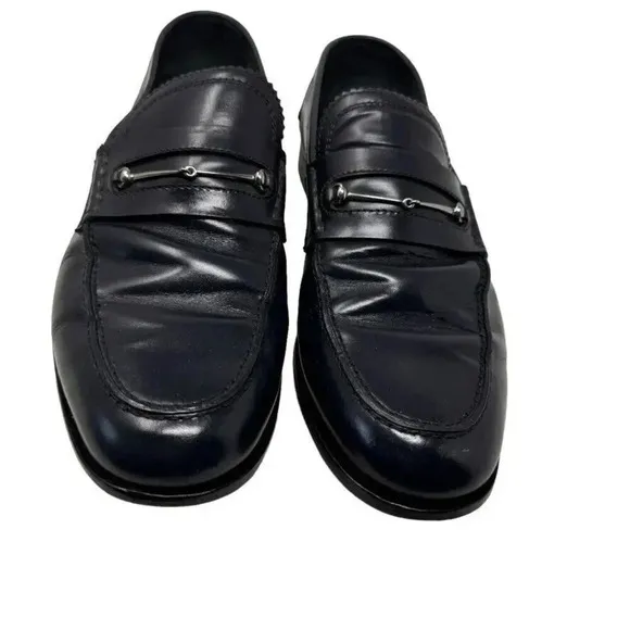 Gucci Mens black smooth leather horsebit loafers shoes size 8.5
