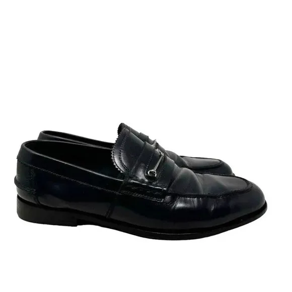 Gucci Mens black smooth leather horsebit loafers shoes size 8.5