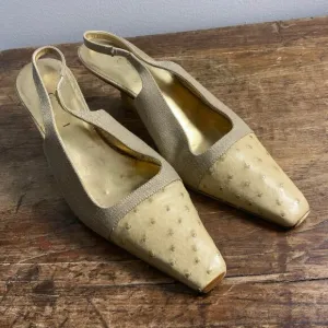 GUCCI VINTAGE SLINGBACK SHOES IN OSTRICH AND CANVAS CORDA AND BUTTER‎ COLOR