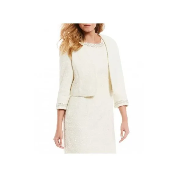 🎉HP🎉 NWT Women's Sz 8 Ivory Tweed Sheath Dress w/Cropped Jacket, Embellished