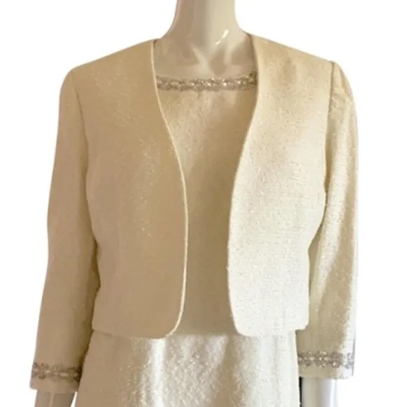 🎉HP🎉 NWT Women's Sz 8 Ivory Tweed Sheath Dress w/Cropped Jacket, Embellished