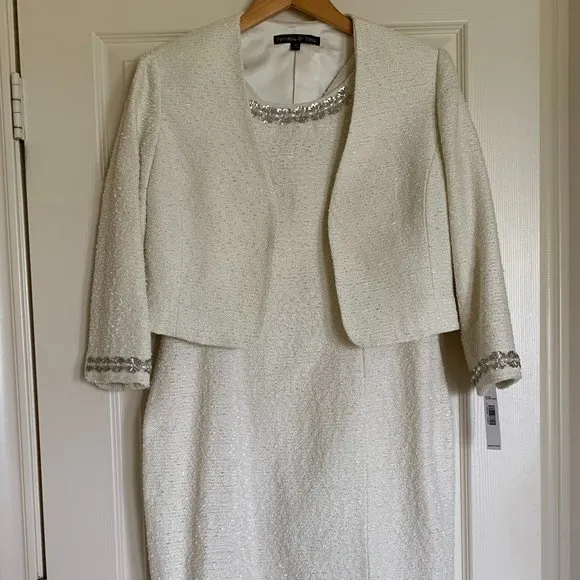 🎉HP🎉 NWT Women's Sz 8 Ivory Tweed Sheath Dress w/Cropped Jacket, Embellished
