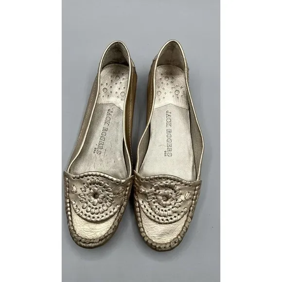 Jack Rogers Loafer Shoes Womens Sz 7.5M Gold Metallic Leather Moccasin USA Boat