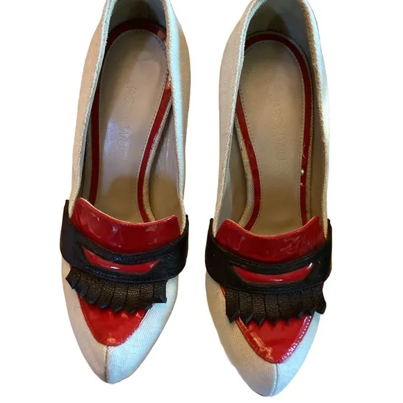 JASON WU LINEN ECRU W/RED &amp; BLACK LEATHER HEELED LOAFERS (36)