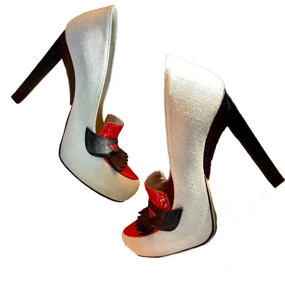 JASON WU LINEN ECRU W/RED &amp; BLACK LEATHER HEELED LOAFERS (36)
