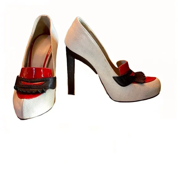 JASON WU LINEN ECRU W/RED &amp; BLACK LEATHER HEELED LOAFERS (36)
