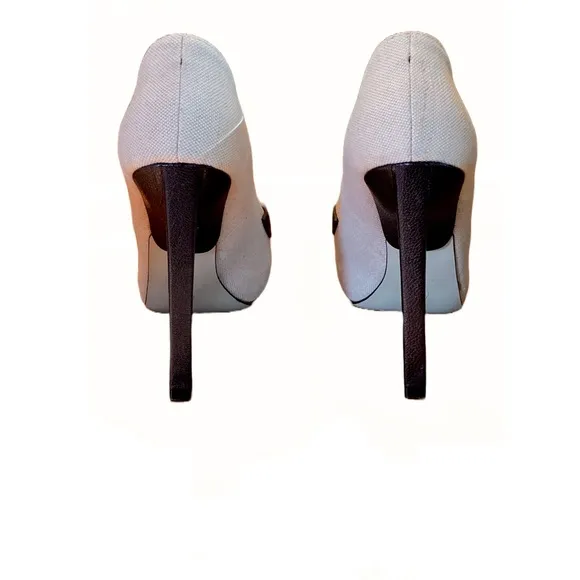 JASON WU LINEN ECRU W/RED &amp; BLACK LEATHER HEELED LOAFERS (36)