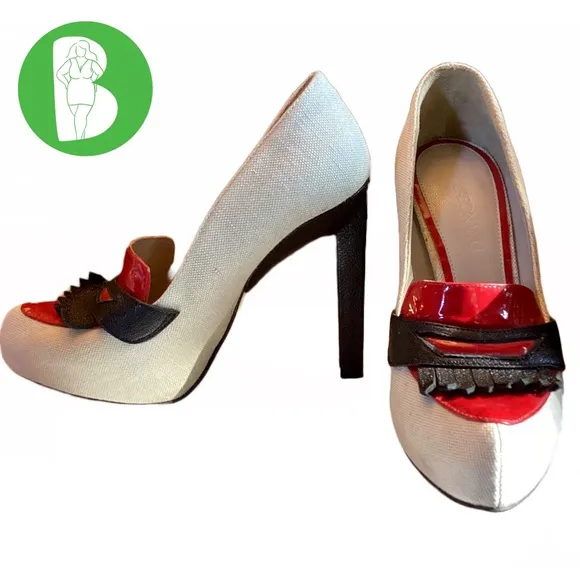 JASON WU LINEN ECRU W/RED &amp; BLACK LEATHER HEELED LOAFERS (36)