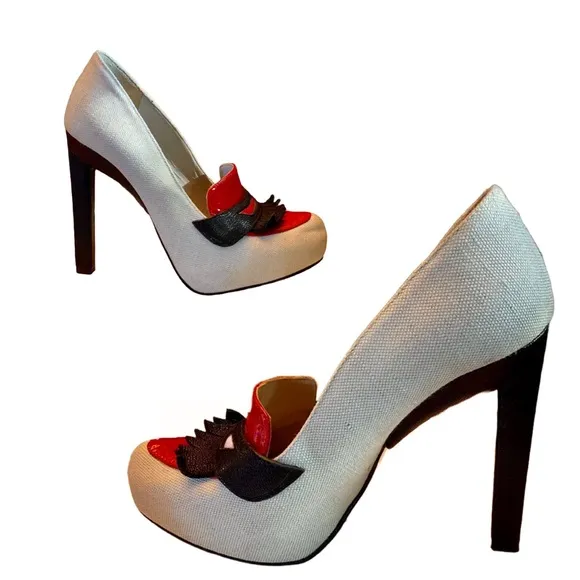 JASON WU LINEN ECRU W/RED &amp; BLACK LEATHER HEELED LOAFERS (36)