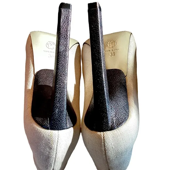 JASON WU LINEN ECRU W/RED &amp; BLACK LEATHER HEELED LOAFERS (36)