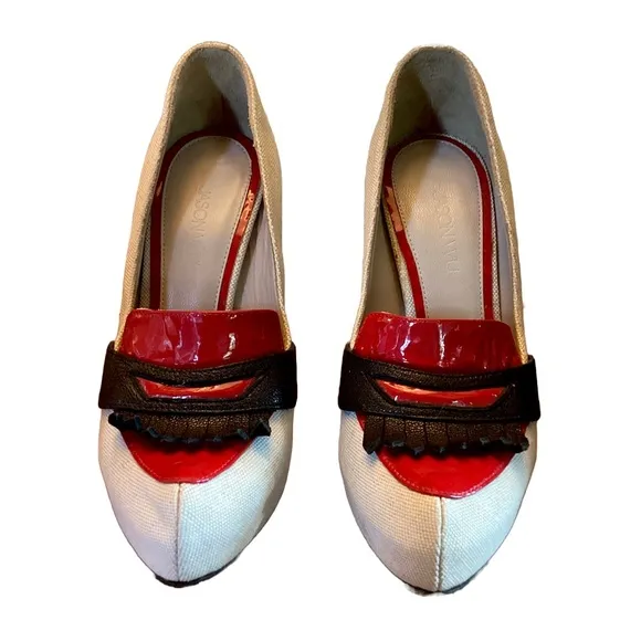 JASON WU LINEN ECRU W/RED &amp; BLACK LEATHER HEELED LOAFERS (36)