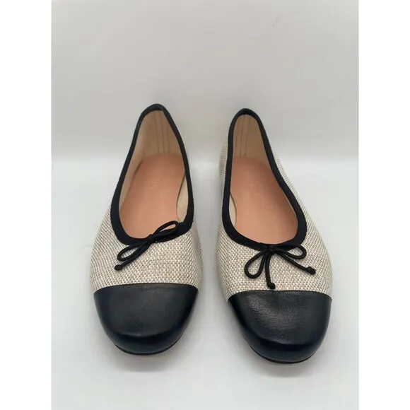 J.Crew Zoe Cap Toe Ballet Flats in Spanish Canvas Sz 7.5 Cream Black Old Money