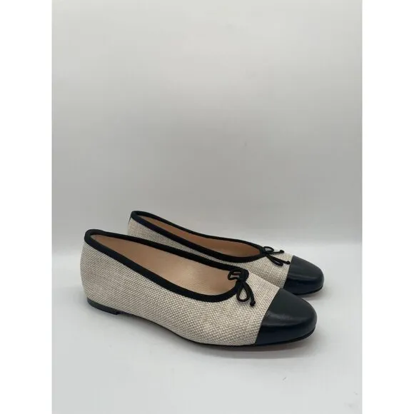 J.Crew Zoe Cap Toe Ballet Flats in Spanish Canvas Sz 7.5 Cream Black Old Money