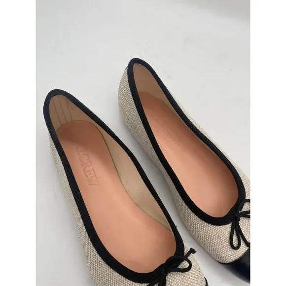 J.Crew Zoe Cap Toe Ballet Flats in Spanish Canvas Sz 7.5 Cream Black Old Money