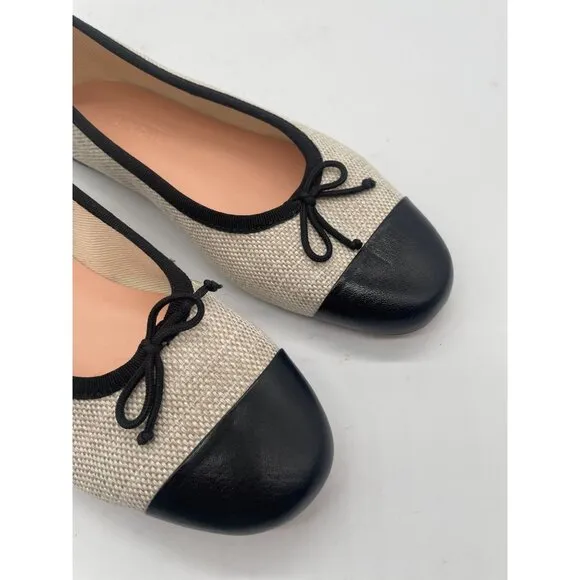 J.Crew Zoe Cap Toe Ballet Flats in Spanish Canvas Sz 7.5 Cream Black Old Money