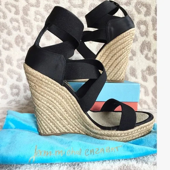 Jean-Michel Cazabat Black Strappy Satin Wedges