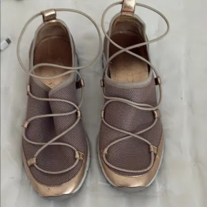 Jimmy Choo Gold and Cream Athletic Shoes with Unique Lacing