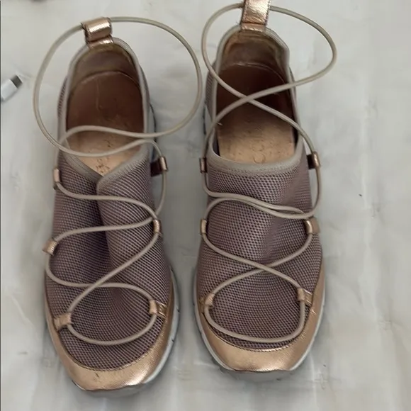 Jimmy Choo Gold and Cream Athletic Shoes with Unique Lacing