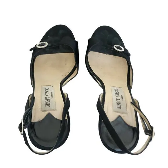 Jimmy Choo London Black Satin Evening Slingback Heels Rhinestones Sz 36 US 5.5