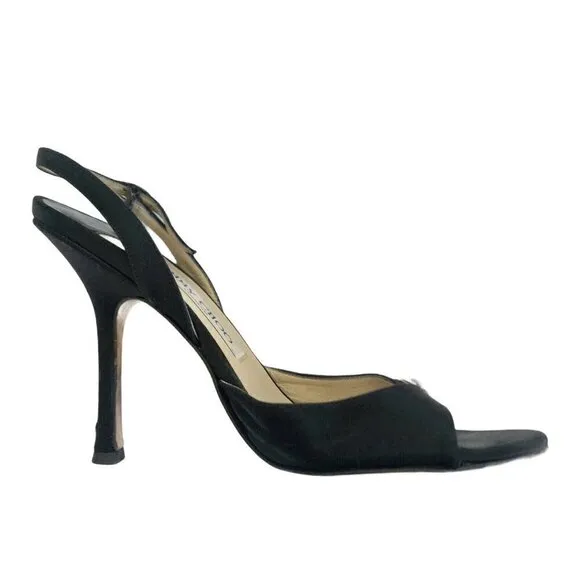 Jimmy Choo London Black Satin Evening Slingback Heels Rhinestones Sz 36 US 5.5