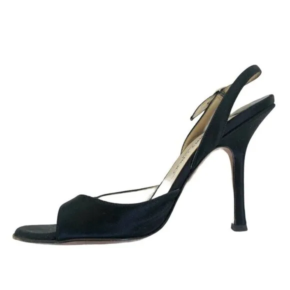 Jimmy Choo London Black Satin Evening Slingback Heels Rhinestones Sz 36 US 5.5