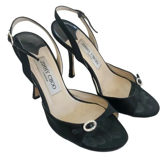 Jimmy Choo London Black Satin Evening Slingback Heels Rhinestones Sz 36 US 5.5