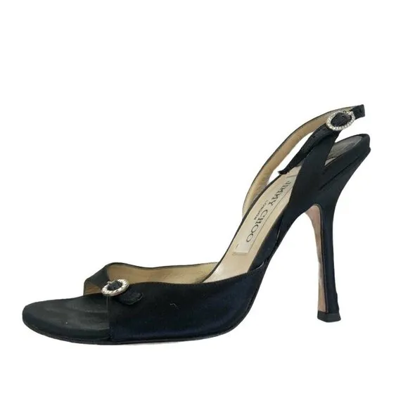 Jimmy Choo London Black Satin Evening Slingback Heels Rhinestones Sz 36 US 5.5