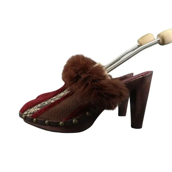 Joey Shoes Womens 8 Mule Slip On Clog Pump Faux Fur Leather Velvet Tapestry Red
