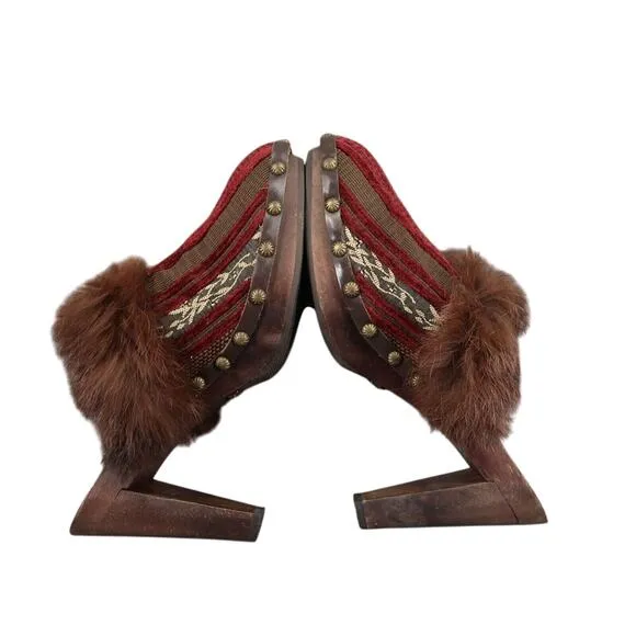 Joey Shoes Womens 8 Mule Slip On Clog Pump Faux Fur Leather Velvet Tapestry Red