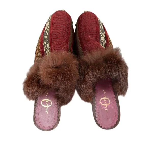 Joey Shoes Womens 8 Mule Slip On Clog Pump Faux Fur Leather Velvet Tapestry Red