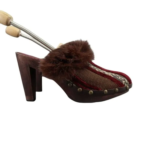 Joey Shoes Womens 8 Mule Slip On Clog Pump Faux Fur Leather Velvet Tapestry Red