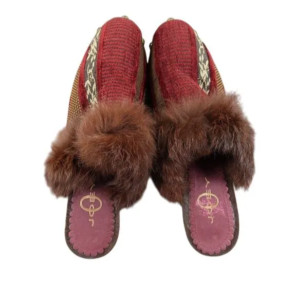 Joey Shoes Womens 8 Mule Slip On Clog Pump Faux Fur Leather Velvet Tapestry Red