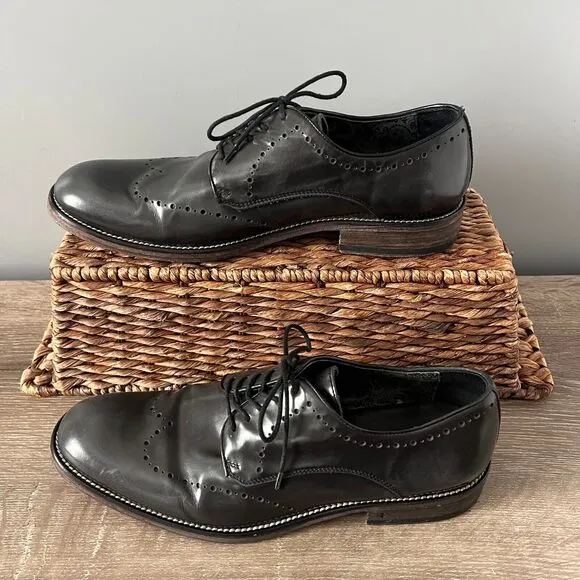 John Varvatos Brogue Oxford Shoes Dark Gray Leather Mens Sz 9.5 Made in Italy