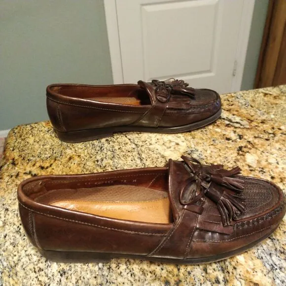 Johnston &amp; Murphy Mens 7.5 M Brown Italian Leather Tassle Weave Loafers Shoes