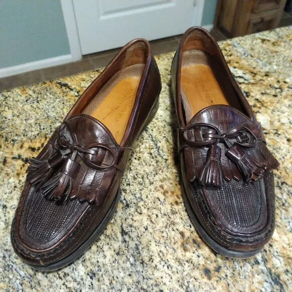 Johnston &amp; Murphy Mens 7.5 M Brown Italian Leather Tassle Weave Loafers Shoes
