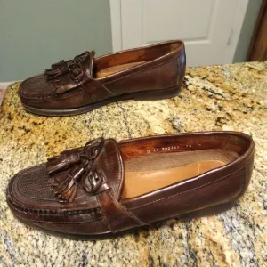 Johnston &amp; Murphy Mens 7.5 M Brown Italian Leather Tassle Weave Loafers Shoes