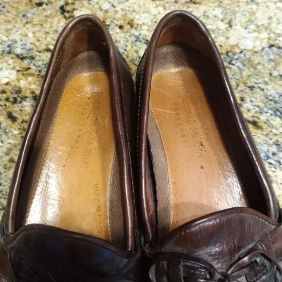 Johnston &amp; Murphy Mens 7.5 M Brown Italian Leather Tassle Weave Loafers Shoes