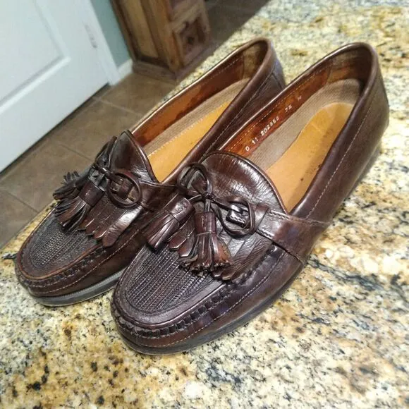 Johnston &amp; Murphy Mens 7.5 M Brown Italian Leather Tassle Weave Loafers Shoes