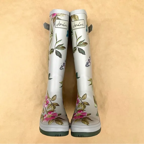 Joules ❉ Silver Floral Welly Rain Boots Size 6