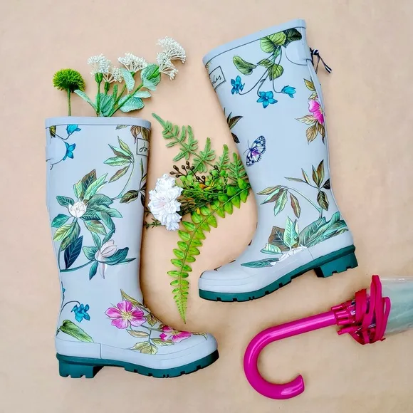 Joules ❉ Silver Floral Welly Rain Boots Size 6