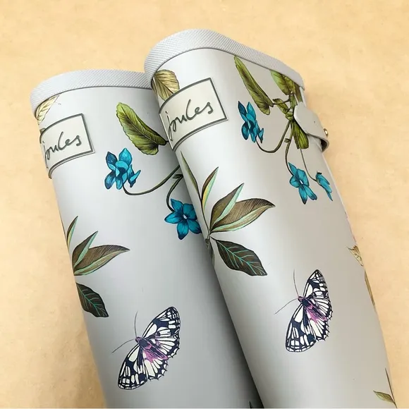 Joules ❉ Silver Floral Welly Rain Boots Size 6