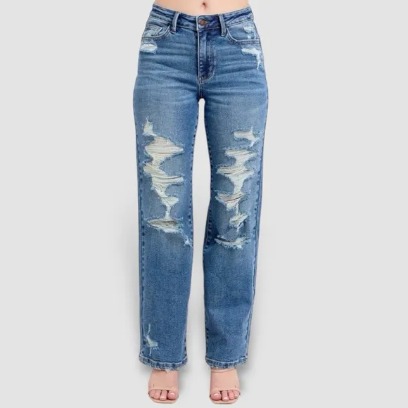 Judy Blue Full Size High Waist Heavy Destroy Straight Jeans Plus Size