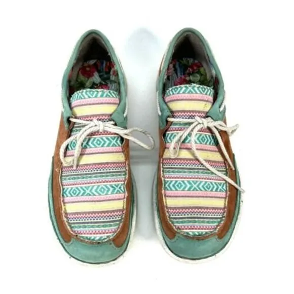 Justin Womens 10M Boatie Boat Shoes Brown Turquoise Southwestern Suede Moc Toe