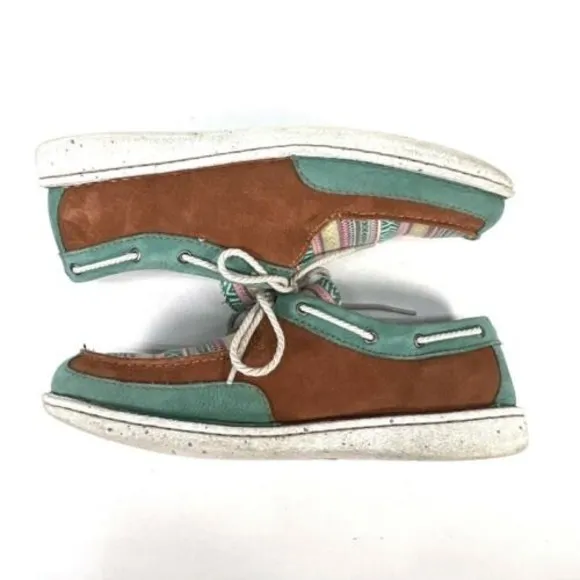 Justin Womens 10M Boatie Boat Shoes Brown Turquoise Southwestern Suede Moc Toe